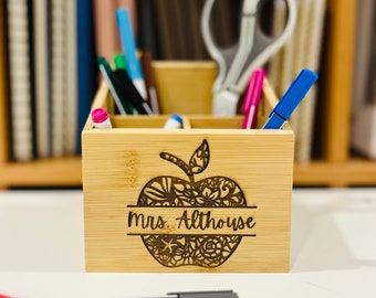 Personalized Teachers Name Desk Organizer Appreciation Unique Gift, Name Sign Bamboo Wood Engraved, Custom Teacher Birthday Christmas Gift