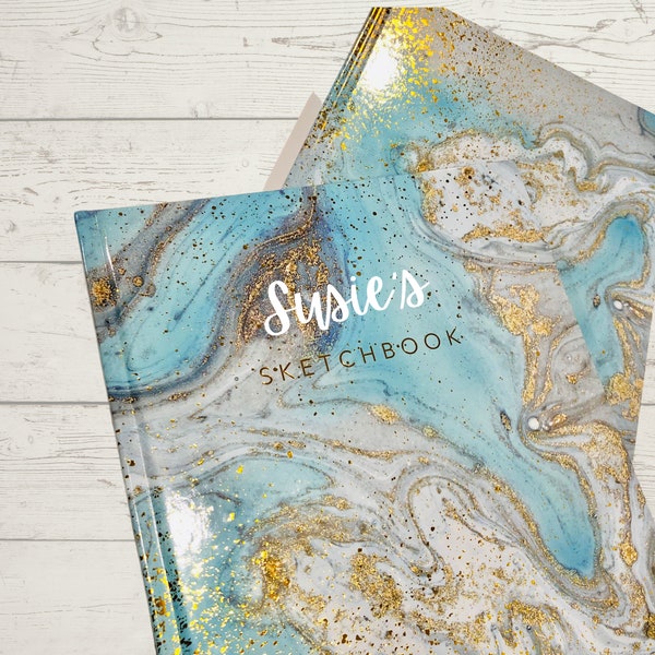 Personalized Sketchbook, Blue and Gold Embossed Drawing Book, Custom Name Vinyl Decal Doodle Book, Personalized Journal Note Book for her