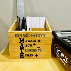 Personalized Math Teachers Name Desk Organizer Appreciation Unique Gift, Laser Wood Engraved, Custom Birthday Christmas Thank you Gift