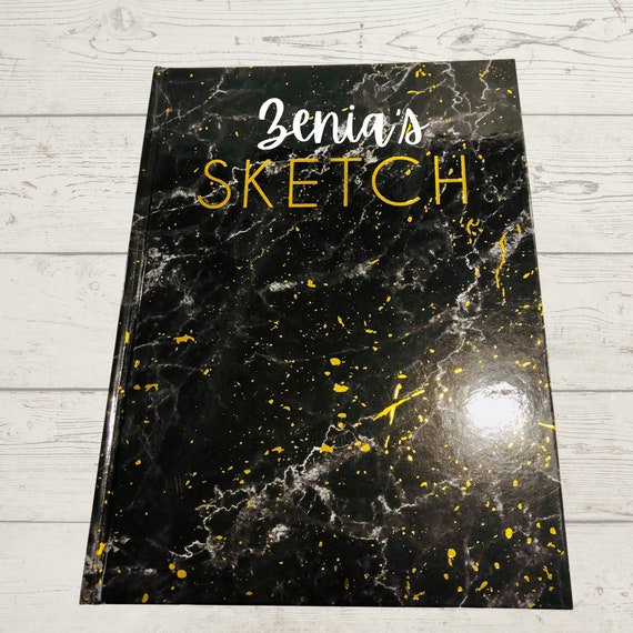 Personalized Sketchbook, Black and Gold Embossed Drawing Book