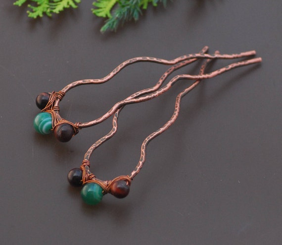 fun hair accessories and magical gift for her Mystic Tigers Eye Copper Hair Fork