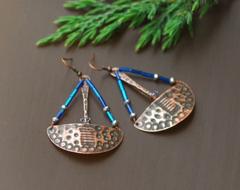 Blue Gold Copper Earrings Copper Jewelry Handmade Copper Earrings Copper Jewelry Wire Wrapped Earrings Long dangle earrings Oxidized Copper