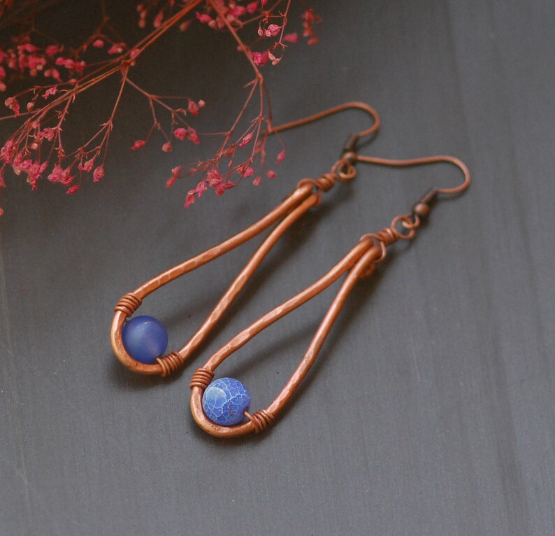 Purple Agate Copper Earrings Copper Jewelry Wire Wrapped Earrings Rustic Hammered Long dangle earrings Oxidized Copper Mixed Metal Earrings