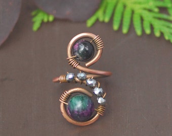 Tourmaline crystal copper ring Wire wrapped ring Copper ring Adjustable ring Womens copper ring Womans copper ring Copper jewelry