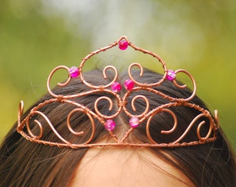 Pink Copper Crown Wedding Accessory Boho tiara  Festival Headpiece Simple Rhinestone crown Pink jewelry Christmas Gift Girl's crown