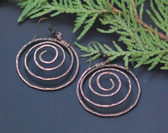 Antique Copper Wire Spiral Copper Earrings Wrapped Hoop Earrings Long Unique Statement Earrings Wire Wrapped Jewellery Metal Wire Jewelry