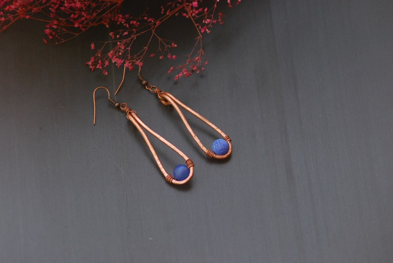 Purple Agate Copper Earrings Copper Jewelry Wire Wrapped Earrings Rustic Hammered Long dangle earrings Oxidized Copper Mixed Metal Earrings