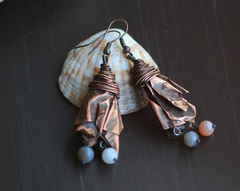 Copper Jasper and metalwork chandelier earrings, textured, pierced arabesque earrings, oriental, boho, tribal, ethnic earrings