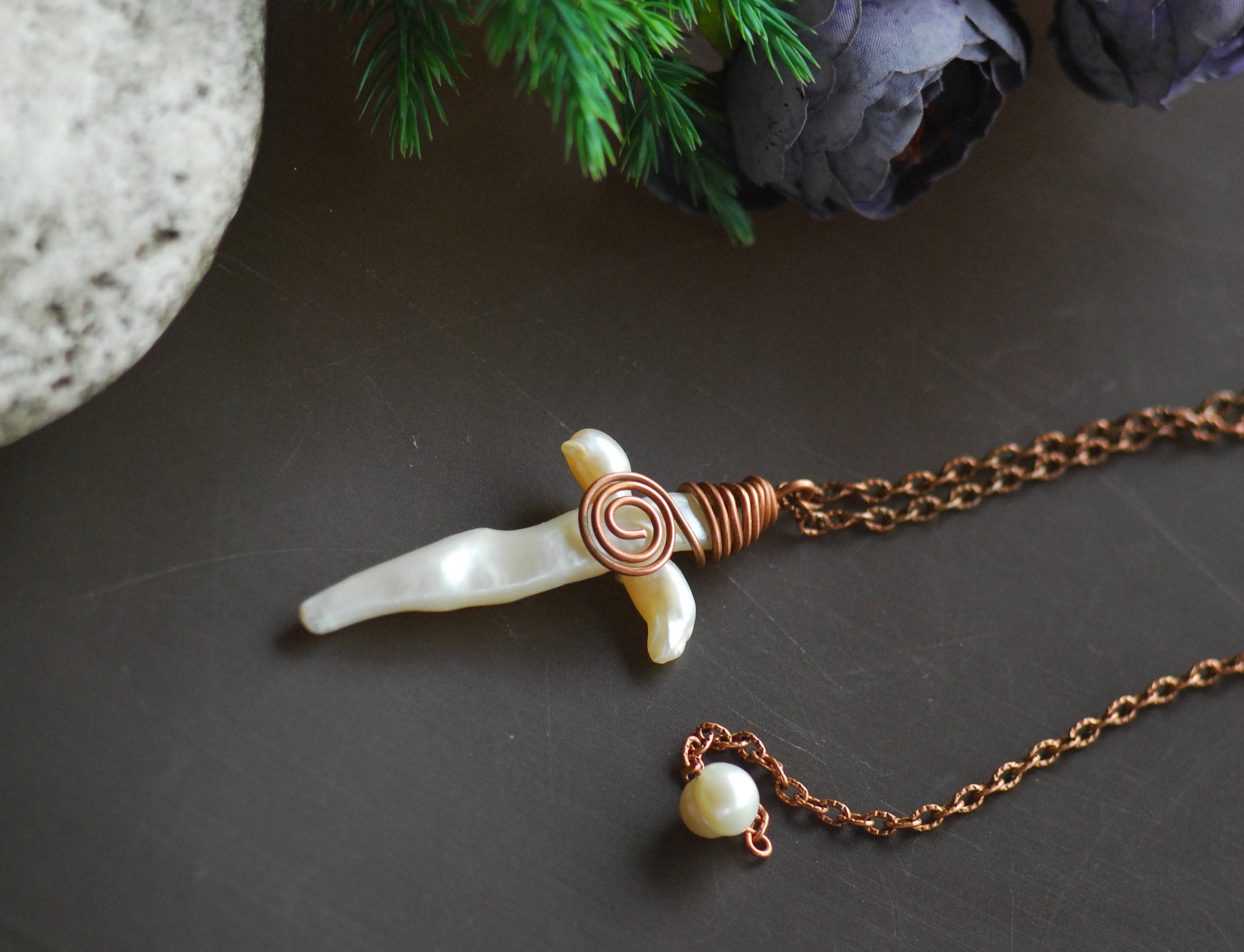 Hammered Copper Pendant Wire Jewelry Gemstone Necklace Long Etsy