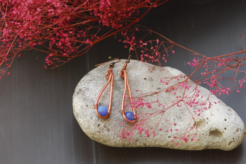 Purple Agate Copper Earrings Copper Jewelry Wire Wrapped Earrings Rustic Hammered Long dangle earrings Oxidized Copper Mixed Metal Earrings