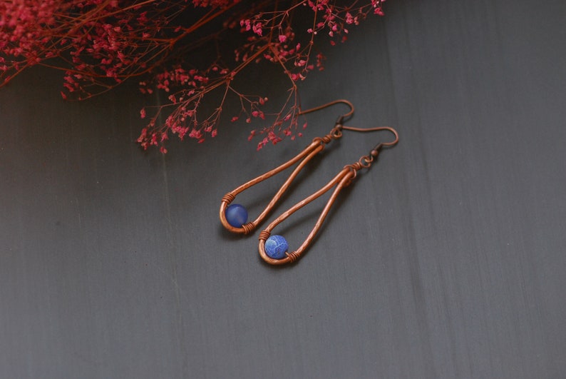 Purple Agate Copper Earrings Copper Jewelry Wire Wrapped Earrings Rustic Hammered Long dangle earrings Oxidized Copper Mixed Metal Earrings