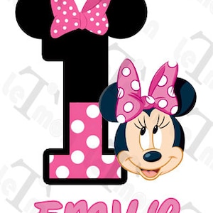 Pode incluir: Design de aniversário temático Minnie Mouse rosa e preto com o número 1 e o nome Emily.