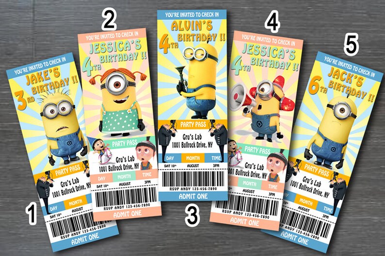 Minionsbiljettinbjudan PERSONLIG Minions födelsedagsinbjudan Minionsinbjudan Utskrivbar Minions babyshowerinbjudan bild 1