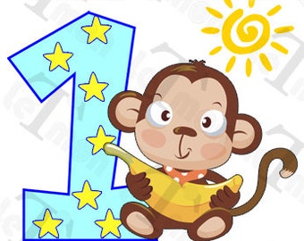Monkey Birthday Shirt, Monkey Iron On Transfer Birthday Boy, PERSONALIZED First Birthday Iron On Digital DIY Image Shirt top, 1st Birthday