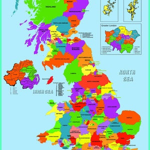 Laminated Uk county map Learning Kids Educational School Type Poster Wall Chart - A2 Size