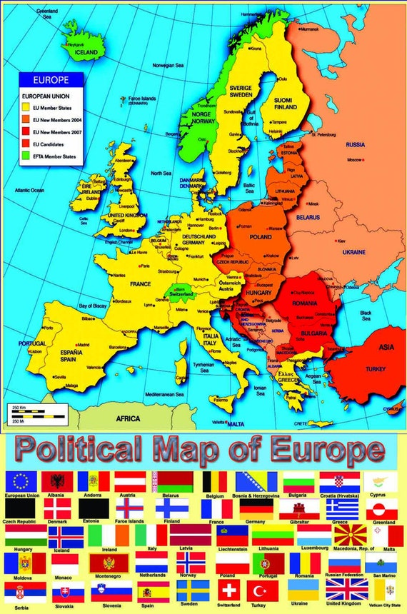 Politische Karte Von Europa Poster Wandkarte Grosse Etsy