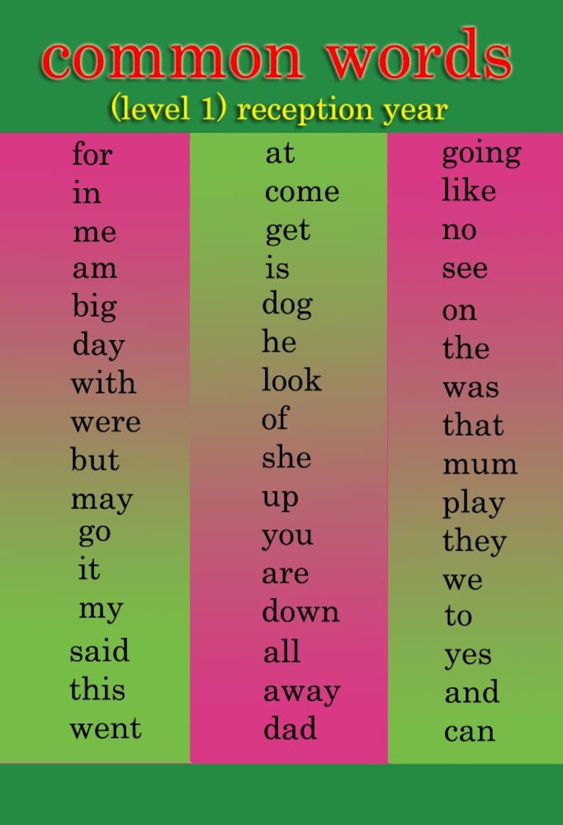 COMMON WORD Label 1 A2 Size Laminated Children Kids Learning ...