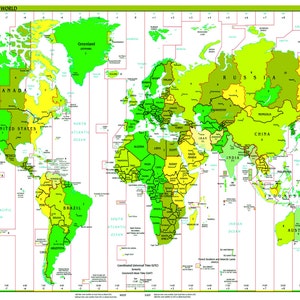 Laminado de la zona de hora estándar mundo mapa político Atlas educativo escuela gráfico tipo de cartel pared - tamaño A2
