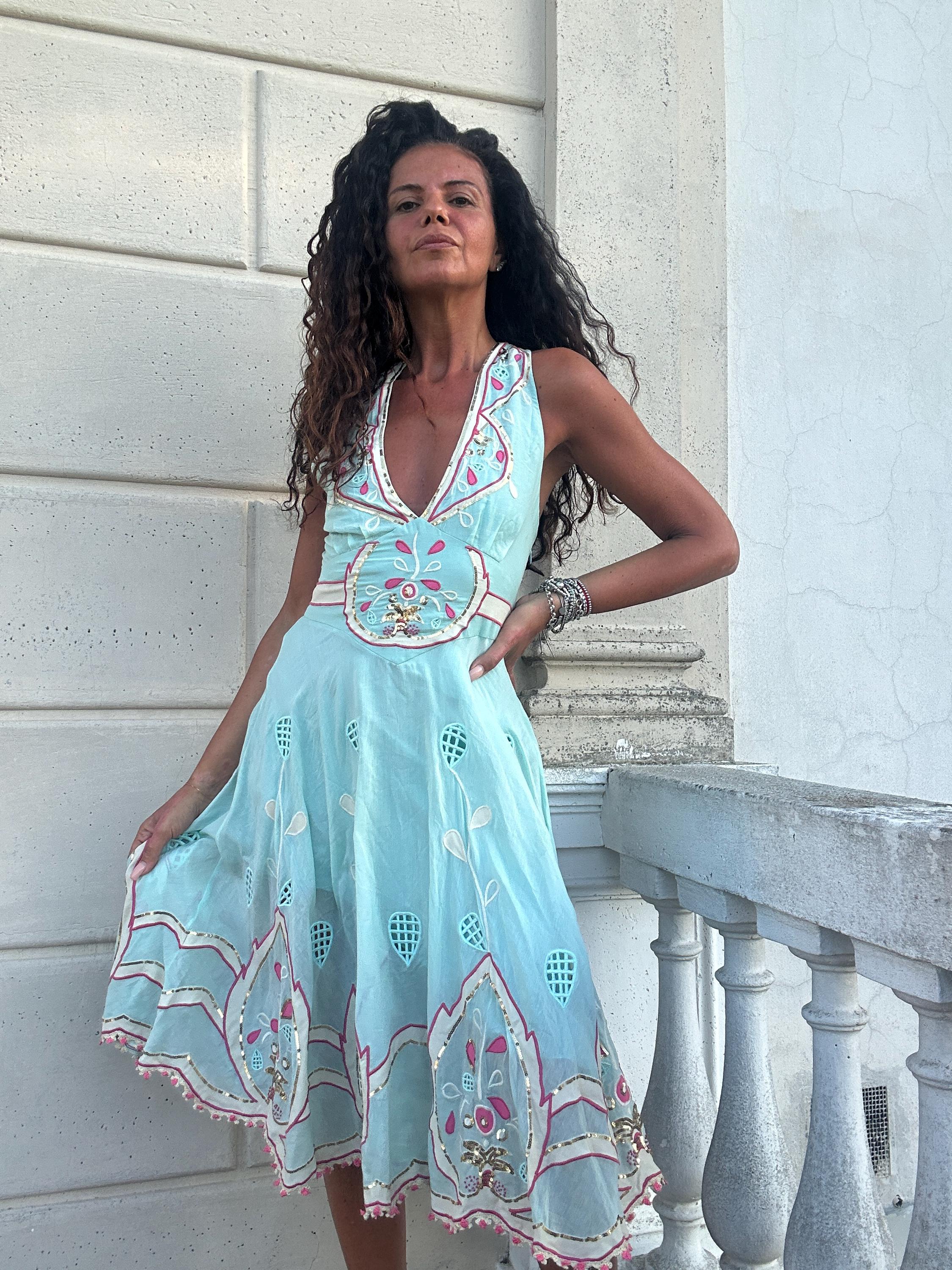 Temperley London Mint Green Embroidered Halter Dress, New with Tags - Size IT 42 / UK 10
