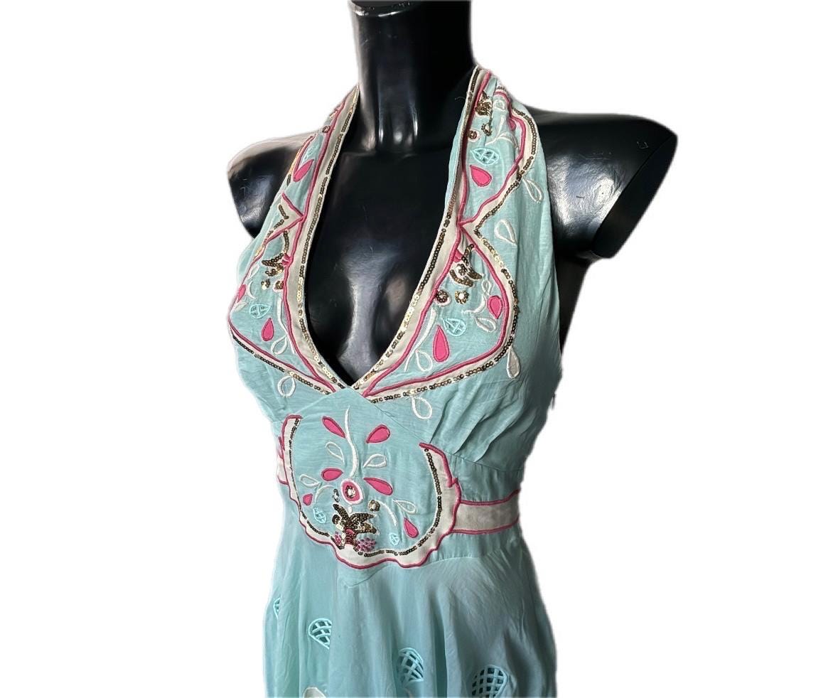 Temperley London Mint Green Embroidered Halter Dress, New with Tags - Size IT 42 / UK 10
