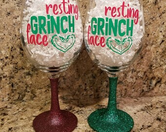 Resting Grinch Face, Glittered Wine Glass