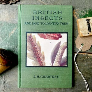 May include: A green book titled "British Insects and How to Identify Them" by J.H. Crabtree. The cover features an insect illustration. A tag and a stamp are also visible.