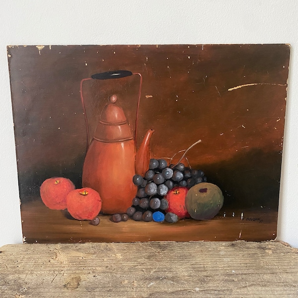 Vintage oil painting on board still life fruit kettle in lovely dark tones - signed