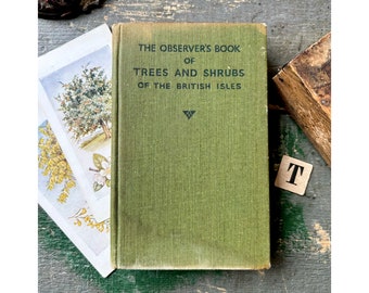 Observer's book of Trees and Shrubs of the British Isles - vintage green cloth-covered hardback book, 1930s - 1st edition!