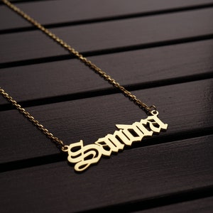 14k Gold Plated Name Necklace: Custom Old English Font Charm