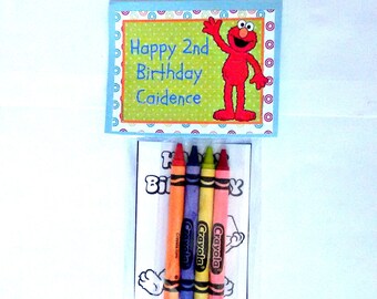 Sets of Personalized Sesame Street Elmo Birthday Party Favor Bags with mini coloring pages and crayons