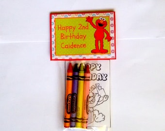 Sets of Personalized Sesame Street Elmo Birthday Party Favor Bags with mini coloring pages and crayons