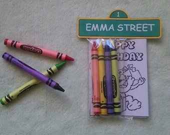 Sets of Personalized Sesame Street Sign Birthday with cardstock pages Party Favor Bags with mini coloring pages and crayons