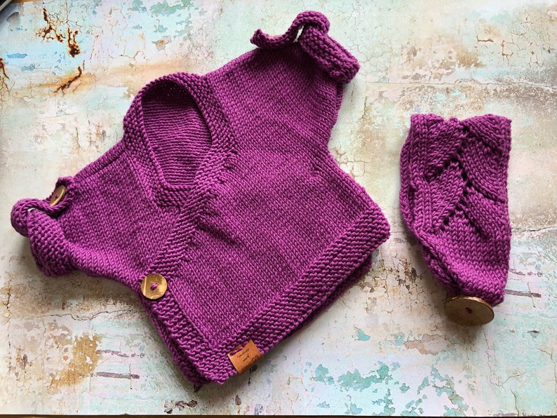 optional Beautiful handmade gift! 6-9 months Custom Made to Order- Merino Wool Baby Cardigan with Matching Headband for Mum