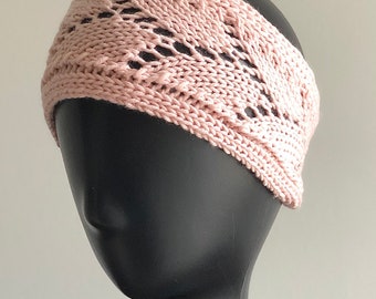 Pale pink adult handmade headband, 100% merino wool, with button