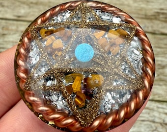 Sacred Geometry and Tensor ring Orgonite protection Pendant -  Brass cast Merkaba, Labradorite, 24k gold, DT Herkimer, Shungite.