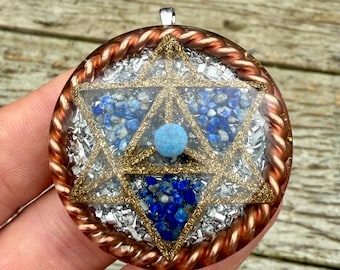 Sacred Geometry and Tensor ring Orgonite protection Pendant -  Brass cast Merkaba, Labradorite, 24k gold, DT Herkimer, Shungite.