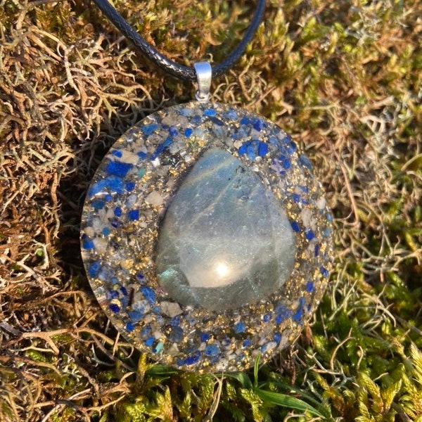 Large Orgone energy Pendant, Flashy Labradorite triangle cabachon, Lapis chips & 24k gold. For EMF protection, grounding and healing.