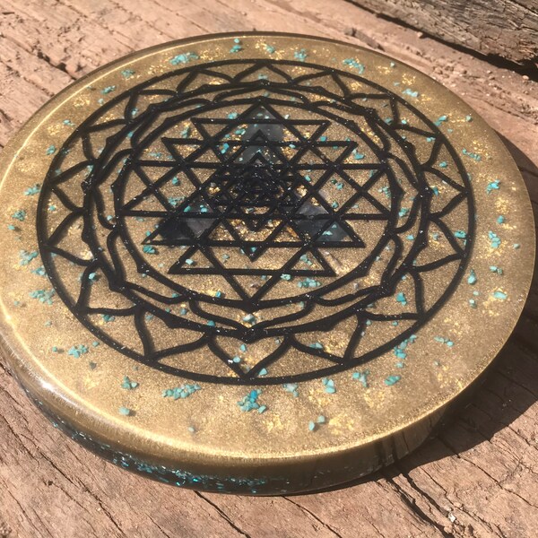 Sri Yantra Orgone charging plate - Iron Orgone symbol, Turquoise, 24k Gold, brass, Aluminium, Quartz, Shungite, EMF protection