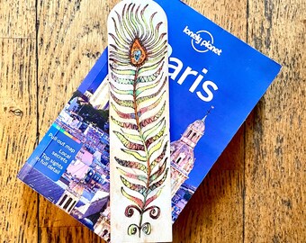 Woodburnt Peacock Feather Bookmark, Multi Coloured Wood Art