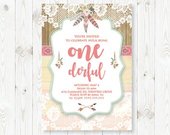 Boho Vintage tribal Invitation / Baby Girl Printable Invitation for First Birthday / Custom Invitation