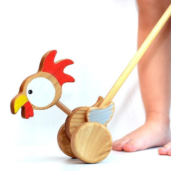 Wooden push toddler toy Wood toy on wheels Wooden chicken Etsy