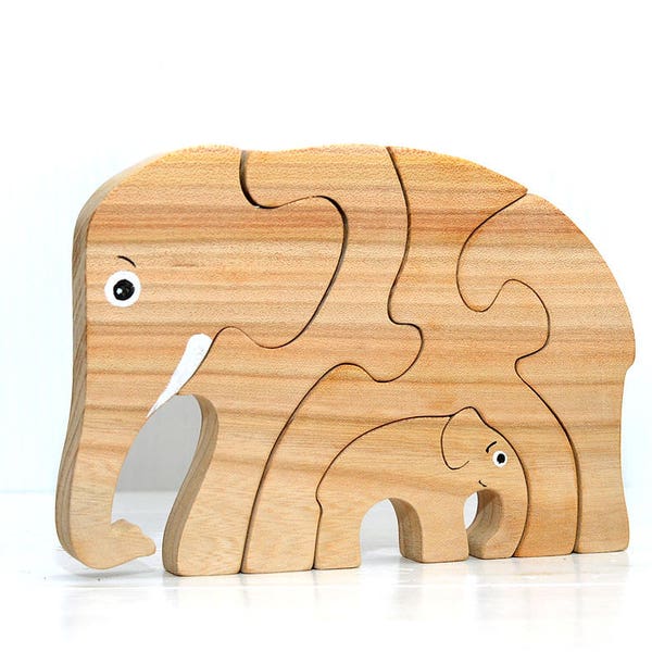 Baby Puzzle Wood toy, Toddler Easter gift, Wooden natural toy, Elephant wooden puzzle, Waldorf baby toy, Animal family, Fine motor skills