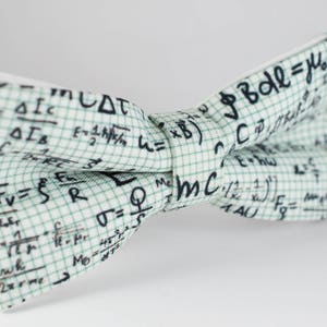 Puede incluir: Una pajarita blanca con un patrón de cuadrícula verde y ecuaciones matemáticas negras impresas en ella. Las ecuaciones incluyen símbolos como 'Fv=SR', 'Bode=μΣ' y 'mc'.
