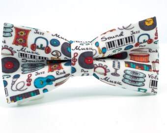Gift for music lover, Musical instruments tie, Blue and Gray bow tie