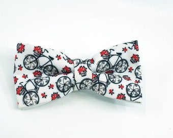 Bicycle Floral Bow Tie: Handmade Red & White Print