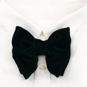 May include: A dark green velvet bow tie on a white shirt.