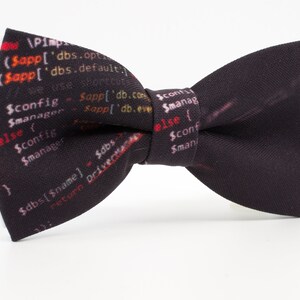 K&ouml;nnte beinhalten: Ein schwarzer Fliege mit einem Muster aus farbigem Code. Der Code enth&auml;lt den Text "$config", "$manager", "$dbs" und "$name".