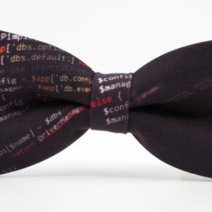 K&ouml;nnte beinhalten: Ein schwarzer Fliege mit einem Muster aus farbigem Code, der darauf gedruckt ist. Der Code enth&auml;lt den Text "$config", "$manager", "$dbs" und "$name".