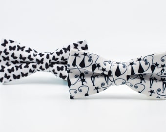 Butterfly Bow Tie: Black & White Cat Print, Wedding Bowtie