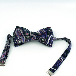 Corbata de lazo púrpura, pajarita de paisley, pajarita de boda